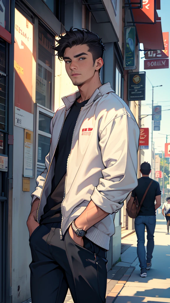 ,(bestquality 1.4),(detail1.4),(Masterpiece1.4)A handsome 25-year-old man walking through the city on a summer day with his hands in his pockets.