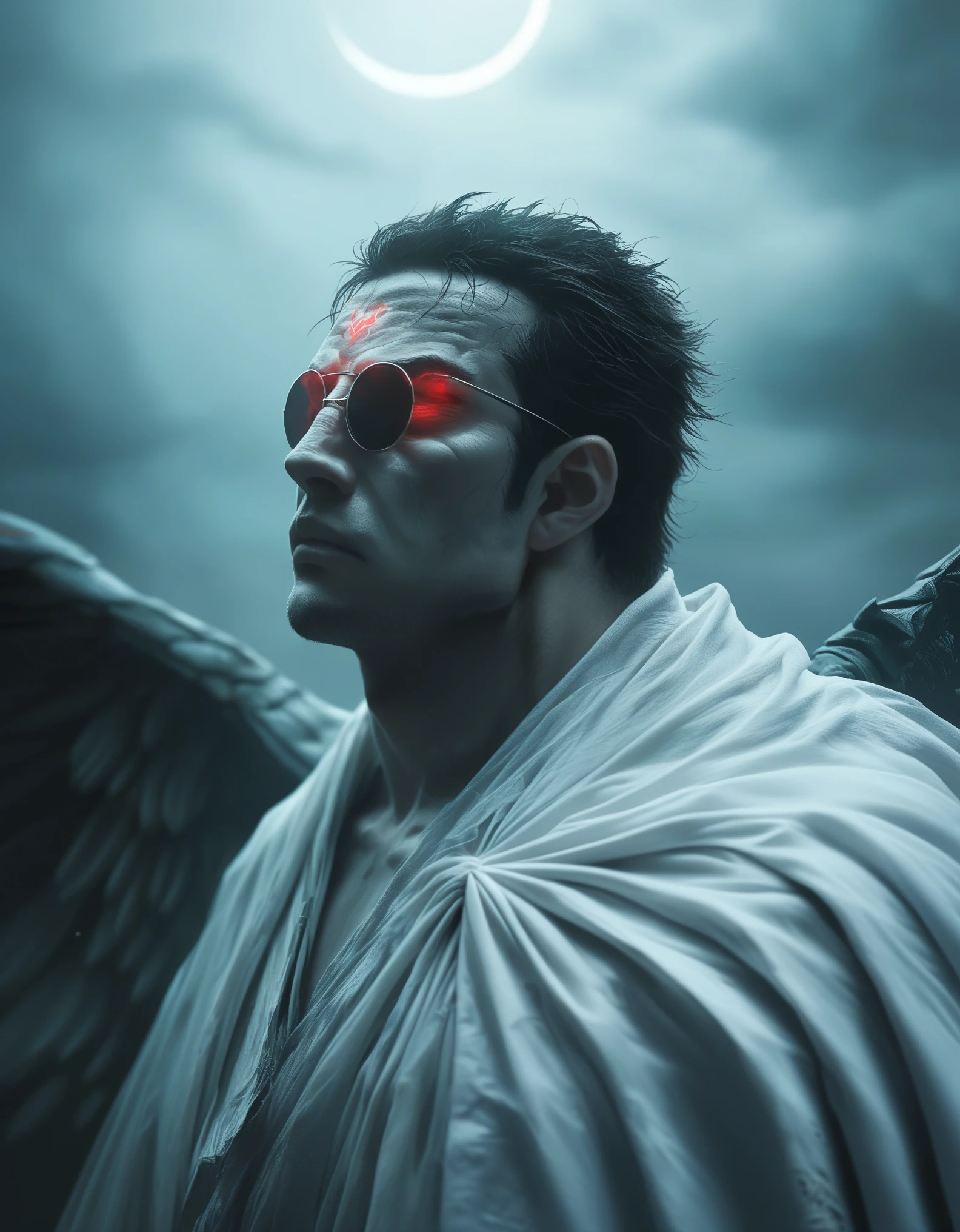 Fantasy-style illustration featuring a dramatic and intense scene. The layout is vertical, with a large, ethereal figure on the right side, draped in flowing white robes and possessing large, detailed wings. The figure has a serene, almost sorrowful expression, with pale skin and long, flowing hair. On the left side, Guts, the Black Swordsman, its massive blade glowing with a faint blue light. His face is partially obscured by his helmet, revealing a determined expression. The background is filled with swirling red mist and indistinct forms, adding to the chaotic and otherworldly atmosphere. The overall color palette is dominated by shades of red and white, creating a stark contrast between the two figures. At the bottom center, a circular logo bears the text 'Artvision1999' in a gothic font, subtly blending into the ominous environment.