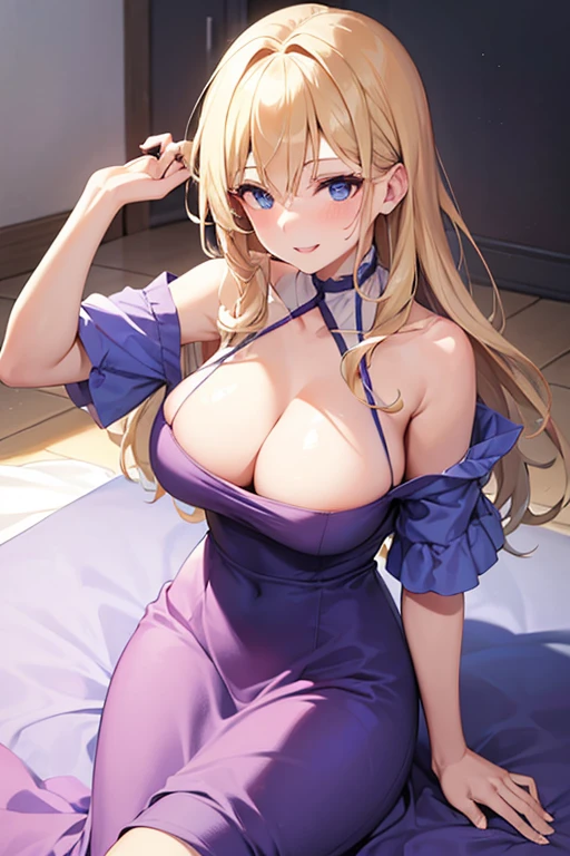 Woman with blond hair, blue eyes, smooth white skin, soft features, wears a dark purple dress, Smiles, very light blush, hair slightly curled