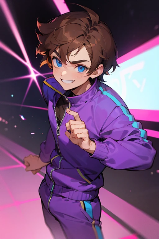 1 boy, brown hair, blue eyes, purple tracksuit, neon city, grinning