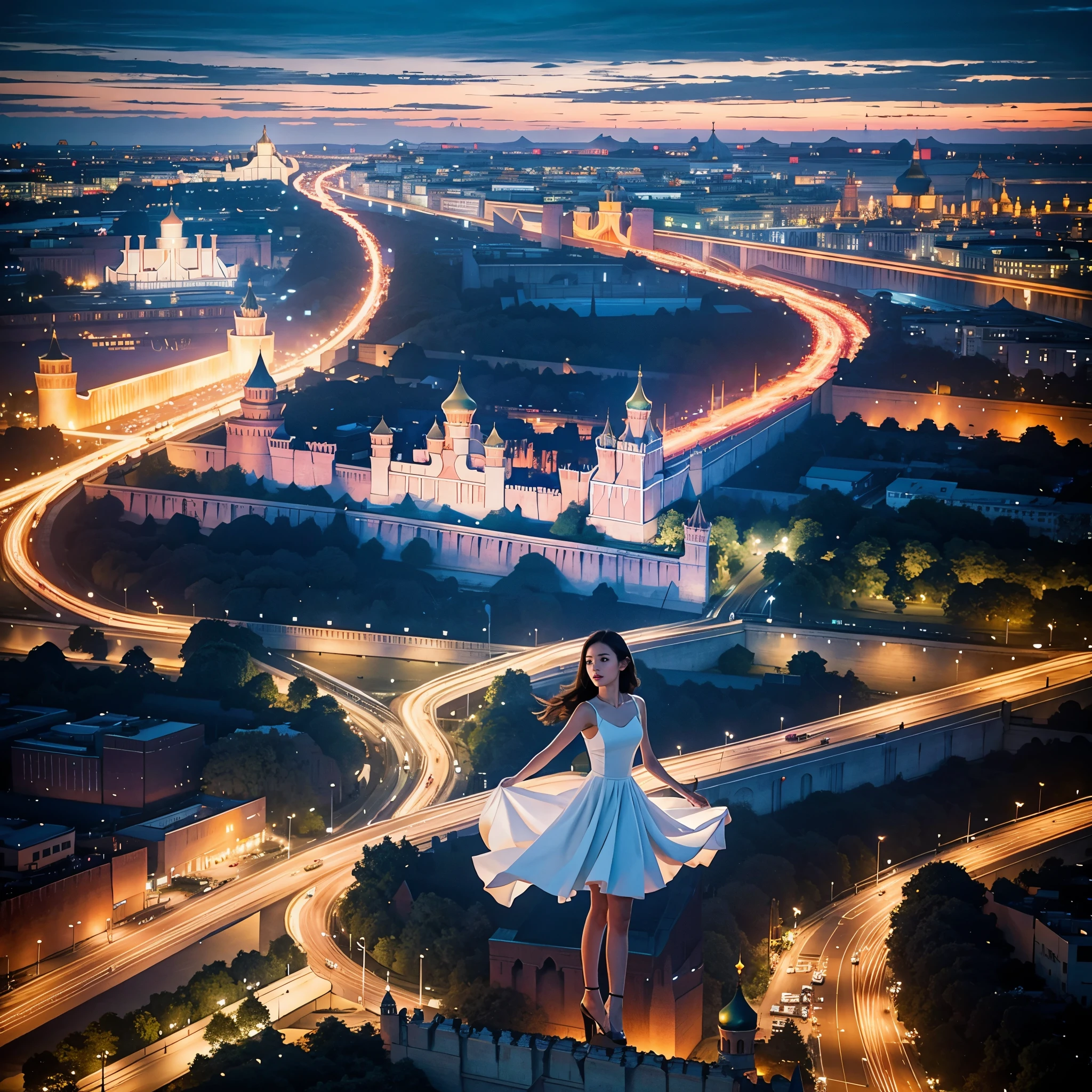 blue sky, evening light, (Aerial View of Kremlin complex of buildings:1.6), (young Beautiful woman is dancing in the Air), she wears long white thin silk dress, skin exposure is minimum, her beautiful and cute face, wide angle lens f/2.8, ultra insane high resolution intricate textures, texture indentation, perfect perspective, perfect geometry, the solar system in another dimension, other worlds, fire all around, energy fields, (luminism), ultra detailed busy background, tessellation, maximalism, perfectionism, IPA Award wining masterpiece