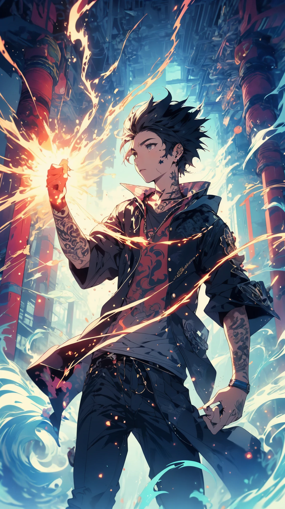 (high quality), (masterpiece), (detailed), 8K, Teenage boy, driven by ambition, stands before (glowing elemental shrine1.3), hand outstretched to absorb its ancient magic. Air crackles with energy, elements' powerful effect coursing through him, preparing him for epic adventure. (high quality), (masterpiece), (detailed), 8K, Anime style character with (cool and edgy tattoos1.3), dressed in (fashionable clothing1.2), posing confidently. Expression fierce, stylish accessory coiled around arm. Thicker outlines emphasize striking, modern fashion, vibrant palette enhances scene.