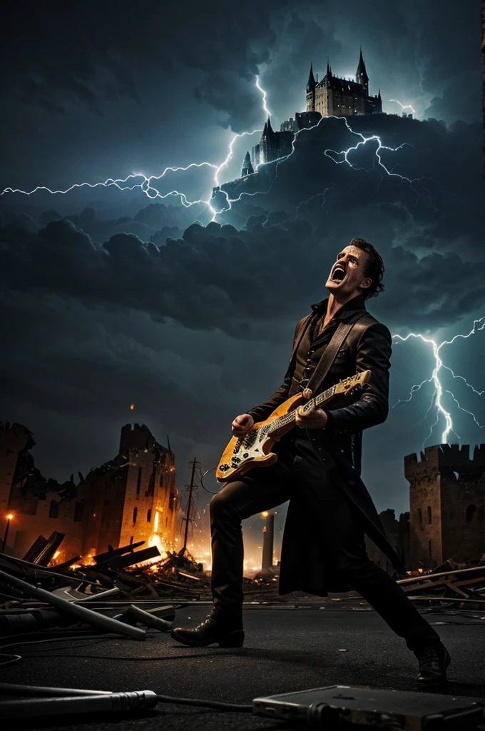 Create an image of Frankenstein screaming and breaking an electric guitar in half, and that has in the background a castle destroyed on a night of electrical storm and with a text below that says JASOR MUSIC 