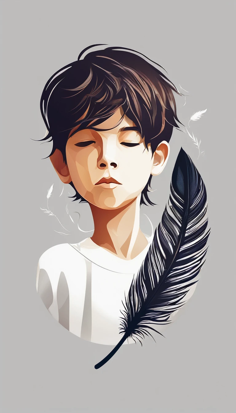 A minimalist, fantastic, poetic, dreamy, captivating, memorable, masterpiece, modern, simple logo design of a boy and a feather for the brand “Penamemoria". The logo must convey a sense of music, stories and dreams. Minimalistic logo design of a boy and a feather.
