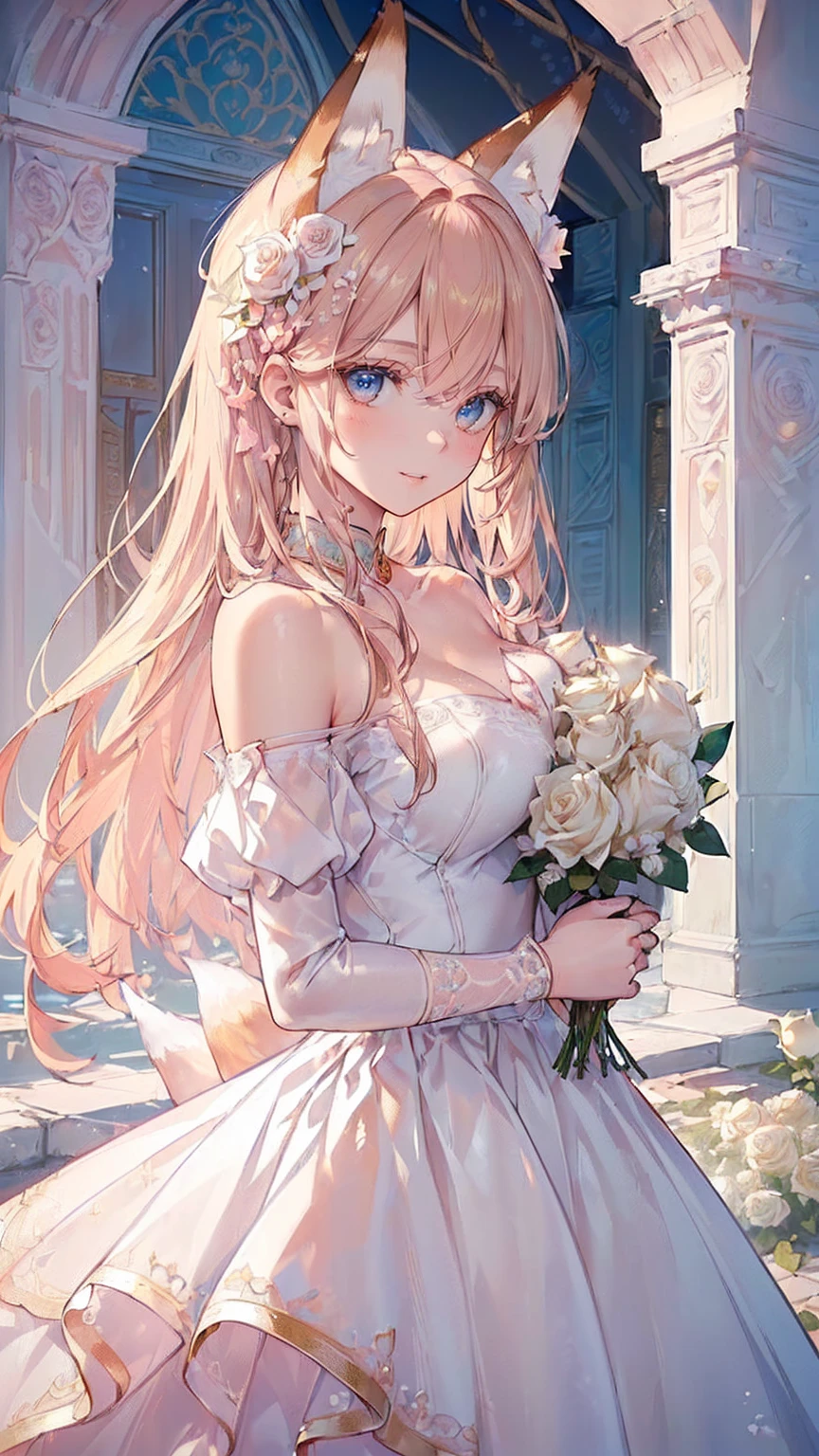 (((Masterpiece))), (((Highest quality))), ((Ultra-detailed)), ((Super fine illustration)), ((Ultra-fine painting)), (16K highest quality wallpaper:1.4), (Upper body:1.6), (Highly detailed and delicate illustration style:1.8), Detailed skin texture, Detailed cloth texture, Detailed rose flower texture, Extreme detailed description, (Highly detailed face:1.4), (Highly detailed beautiful fox ears:1.2), (Highly detailed beautiful golden-brown long-hair:1.2), (Highly detailed, beautiful and clear blue eyes:1.2), Original, Raw photo, Professional, Intricate details, Super details, Direct light:1.6, (Perfect anatomy:1.4), (Highly detailed hands:1.2), (Highly detailed fingers:1.2), (Highly detailed fingertips:1.2), (27-years-old), Real, (Solo:1.6), ((A very beautiful and attractive (fox) female fashion model:1.4)) BRAKE (Beautiful and adorable fox ears:1.6), (Highly detailed and delicate fox ears:1.4), (Beautiful and well-shaped big breasts:1.2), (Beautiful and well-shaped buttocks), (Beautiful and shiny golden-brown long-hair:1.6), (Highly detailed and delicate golden-brown long-hair:1.4), (Beautiful clear blue eyes that shine with great detail:1.6), (Highly detailed and delicate blue eyes:1.2), (Highly detailed face:1.4), (Smile:1.4), (Looking at viewer:1.4), (Standing:1.4), (Celebration:1.4) BRAKE ((A beautiful and gorgeous off-the-shoulder princess dress that is detailed and delicate to be worn at celebratory occasions:1.4)) BRAKE ((Holding in both hands a large bouquet of highly detailed and delicate ((white and pink roses)):1.4)) BRAKE (Just after noon:1.4), (Celebration:1.4), (((Highly detailed and delicate white rose flower and pink rose flower garden background:1.4)), (Highly detailed and delicate royal palace courtyard background in just after noon in spring:1.4)) BRAKE