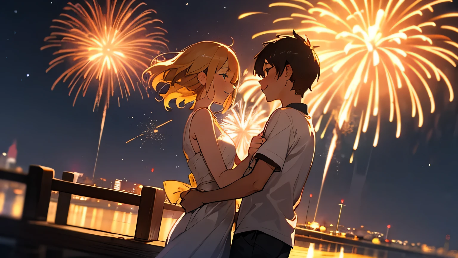 Fireworks shining in the summer sky, we make a wish together

[Verse 2]
The night wind blew and your hair swayed. I felt the warmth of our hands.

[Chorus]
Under the fireworks, just you and me, this moment will continue forever

[Verse 3]
The colorful shining stars are reflected in your smile

[Bridge]
The night ends, the fireworks disappear, and the dream time quietly disappears

[Chorus]
Under the fireworks, just you and me, this moment will continue forever