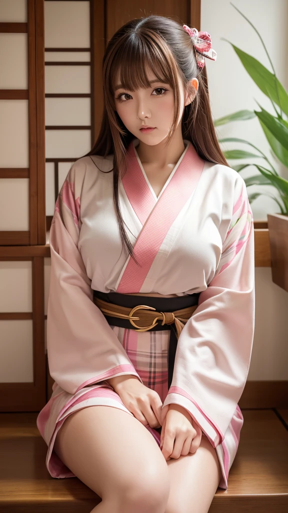 artwork, highest quality, high resolution, venus 1, a girl, alone, tsuko kamato, bamboo, gag, hair (brown), plaid belt, gag, gag, gradient hair, hair ribbon, haori, japanese clothes, very short kimono, long hair, looking at the audience, multicolored hair, pink eyes, very short pink kimono, pink ribbon, ribbon, alone, (((artwork)), quantity, sitting, she's cute when she puffs out her cheeks, anger, eyes wide open, hips too wide, thighs are too thick、naked、全nude、erotic style、she is exposed