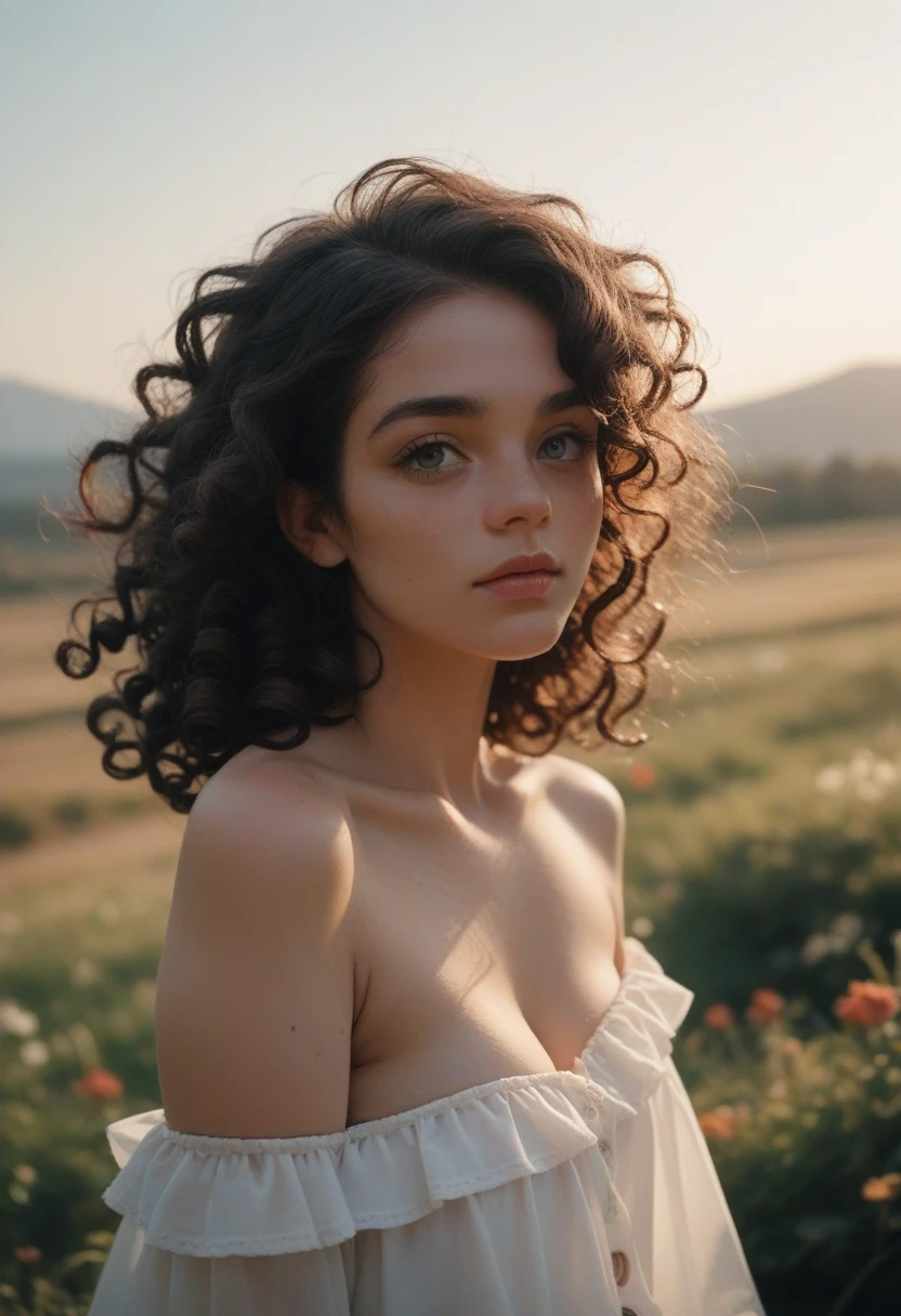 Girl with long black curly hair taking photo of sunset landscape 