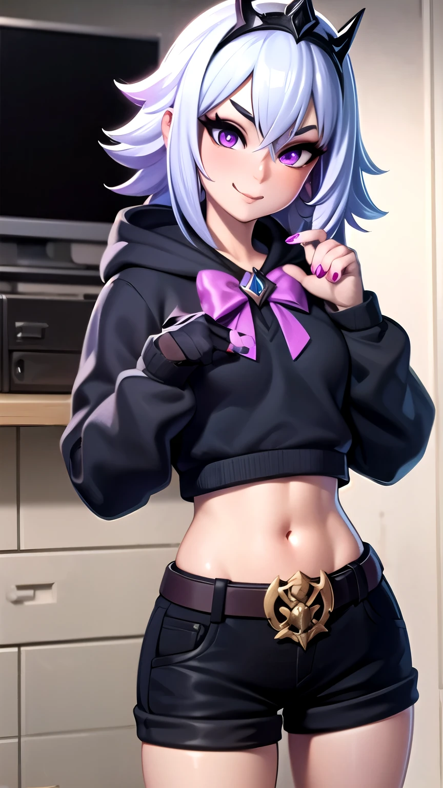 City background, 1girl, solo, black tiara, black crown, white hair, short hair, messy hair, purple eyes, eyeshadow, black hoodie, black sweater, midriff, navel, hoodie down, black shorts, belt bow tie, purple belt bow tie, one glove, purple nails, keys, sexy pose, PersephoneFN, fortnite character, matel rib cage sweater,