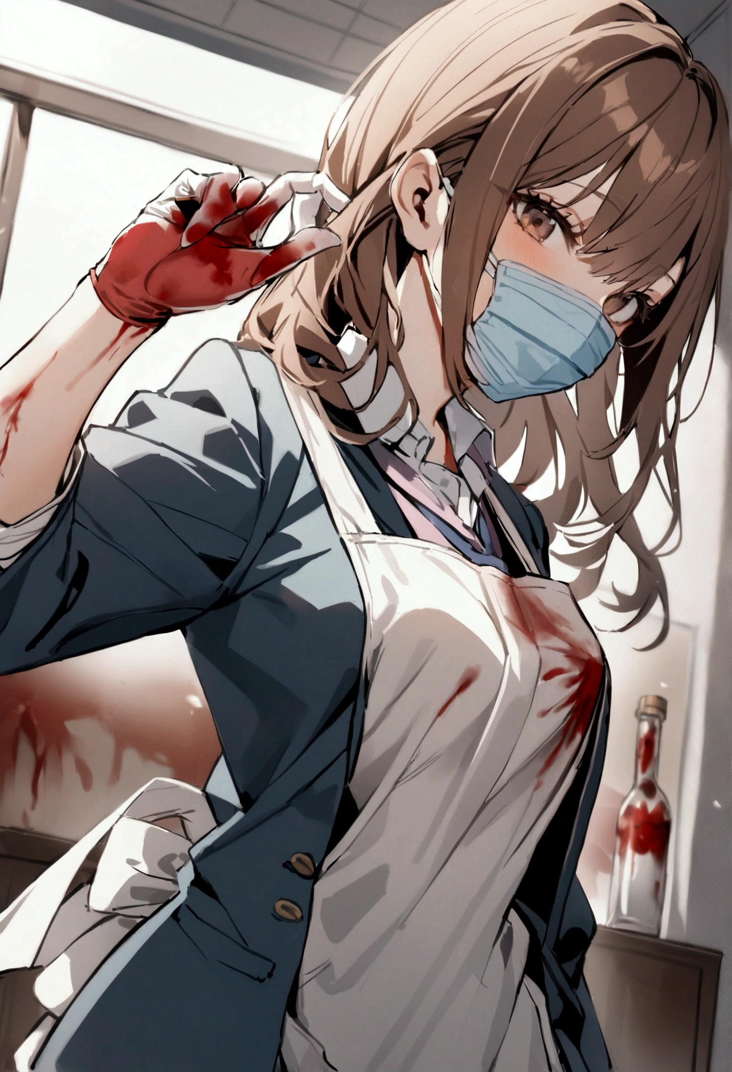 Living room Background, bloody, school blazer, school uniform, surgical apron, medical gloves, surgical mask, 1girl, brown hair, shining hair,
