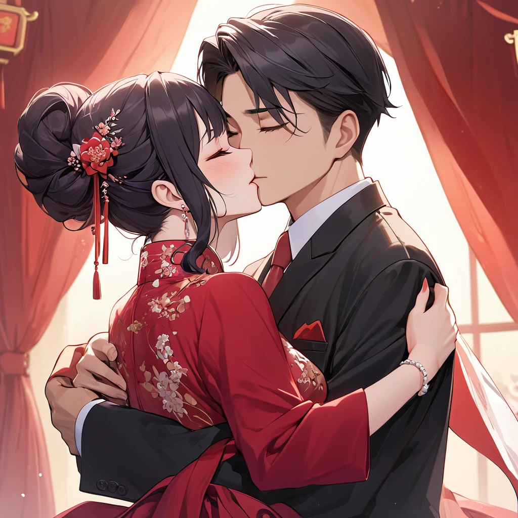 ((Highest quality)), ((masterpiece)), (detailed), (Perfect Face)、The woman is a Chinese woman named Kocho Shinobu.。, Purple gradient bob black hair and formal evening hairstyles. She is wearing an engagement ring. She is a prominent member of the Chinese Communist Party.、She is the wife of a great old Communist Party official.、The woman is wearing a gorgeous red wedding dress that is typical of the Chinese Communist Party.、She is seen in a passionate wedding ceremony with a dignified elderly Communist Party official, embracing him passionately and kissing him in a deep vow.。A loving Chinese Communist couple