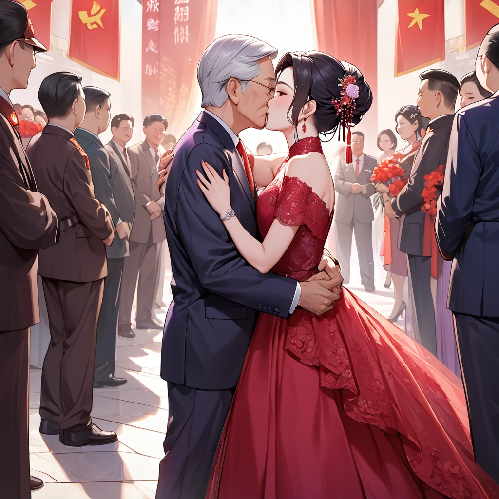 ((Highest quality)), ((masterpiece)), (detailed), （Perfect Face）、The woman is a Chinese woman named Kocho Shinobu.。, Purple gradient bob black hair and formal evening hairstyles. She is wearing an engagement ring. She is a prominent member of the Chinese Communist Party.、She is the wife of a great old Communist Party official.、The woman is wearing a gorgeous red wedding dress that is typical of the Chinese Communist Party.、She is seen in a passionate wedding ceremony with a dignified elderly Communist Party official, embracing him passionately and kissing him in a deep vow.。A loving Chinese Communist couple
