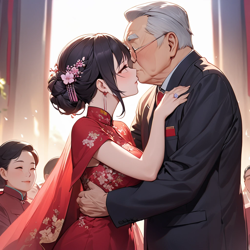 ((Highest quality)), ((masterpiece)), (detailed), (Perfect Face)、The woman is a Chinese woman named Kocho Shinobu.。, Purple gradient bob black hair and formal evening hairstyles. She is wearing an engagement ring. She is a prominent member of the Chinese Communist Party.、She is the wife of a great old Communist Party official.、The woman is wearing a gorgeous red wedding dress that is typical of the Chinese Communist Party.、She is seen in a passionate wedding ceremony with a dignified elderly Communist Party official, embracing him passionately and kissing him in a deep vow.。A loving Chinese Communist couple