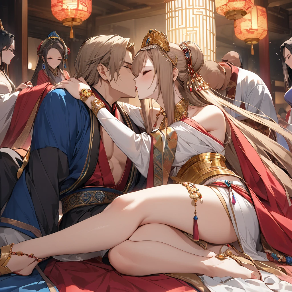 ((Highest quality)), ((masterpiece)), (detailed), （Perfect Face）、The woman is a concubine and sixth wife, Yuuki Asuna, with light brown, medium-long hair. She is a concubine to a wealthy man and a member of his harem. She is beautifully dressed in a captivating harem outfit and is lavishly adorned with many accessories.、The woman is pampered by the other concubines and the wealthy man, and is loved by him.、The woman and the man embrace and kiss, and then the man&#39;s penis enters the woman&#39;s vagina and ejaculates a large amount, making love to each other.