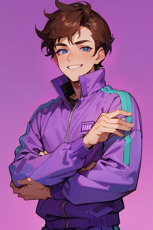 1 boy, brown hair, blue eyes, purple tracksuit, vaporwave background, grinning