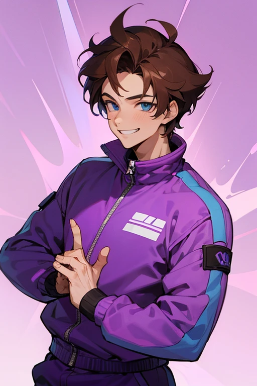 1 boy, brown hair, blue eyes, purple tracksuit, vaporwave background, grinning