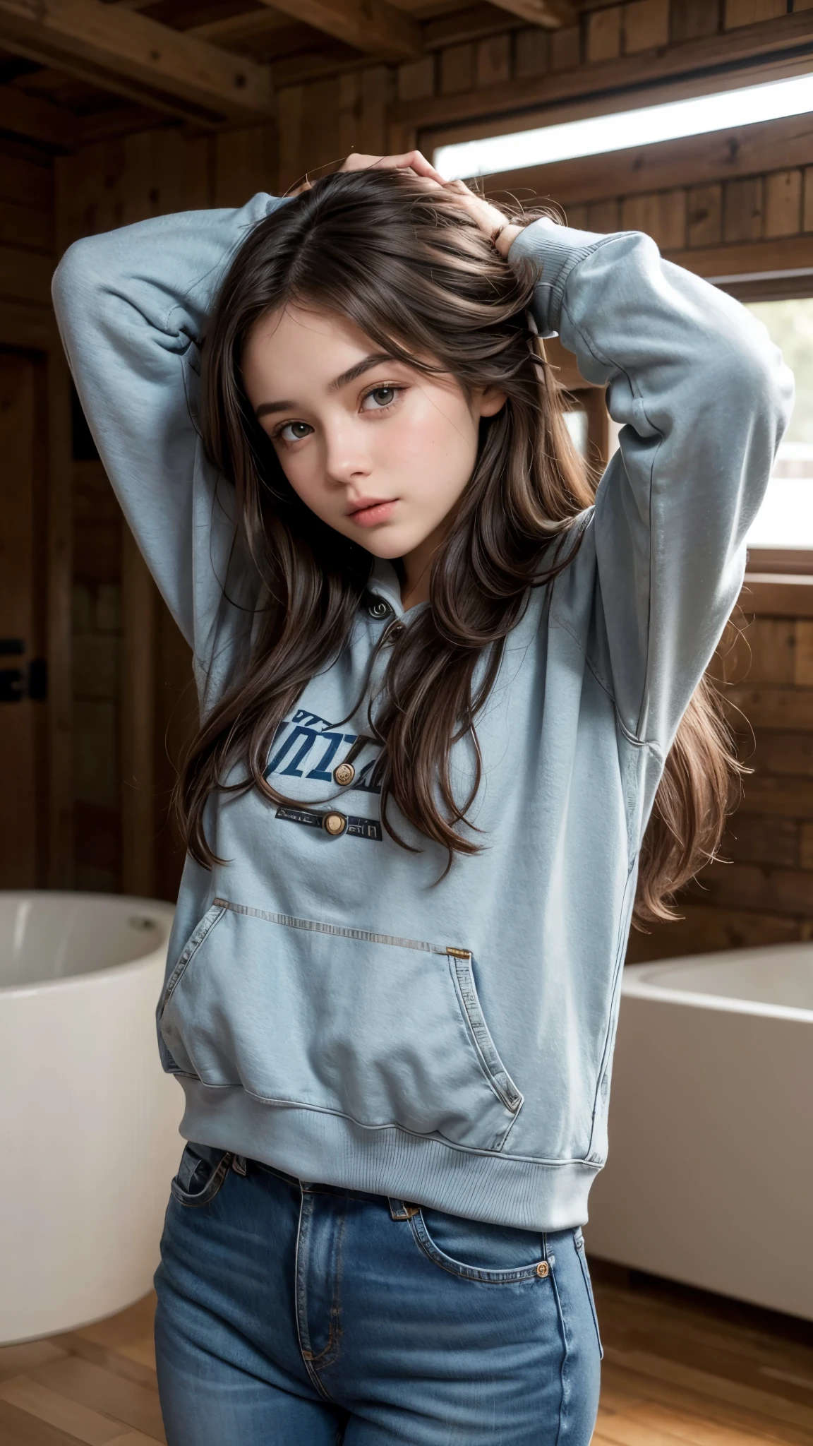Beautiful 18 year old brunette girl wearing high waisted jeans with 4 buttons and a sweatshirt with her hands on her head