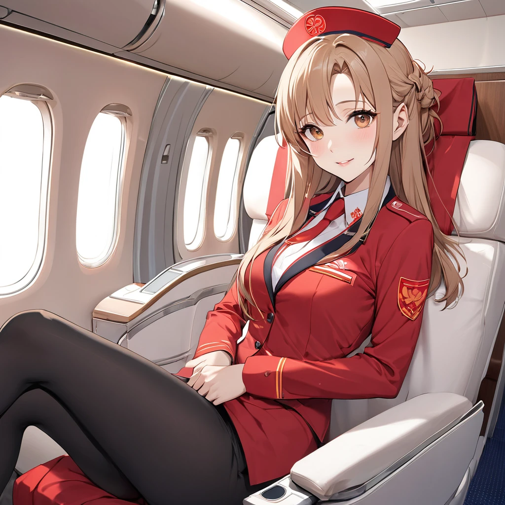 ((Highest quality)), ((masterpiece)), (detailed), （Perfect Face）、The woman is a Chinese flight attendant for Air China, named Yuuki Asuna, with light brown, medium-long hair.、The woman is wearing the red uniform of an Air China flight attendant.、The woman is an honorable special flight attendant reserved for members of the Chinese Communist Party.、The woman is a first-class passenger, and is the exclusive host and entertainer of a dignified elderly man who is a member of the Chinese Communist Party.