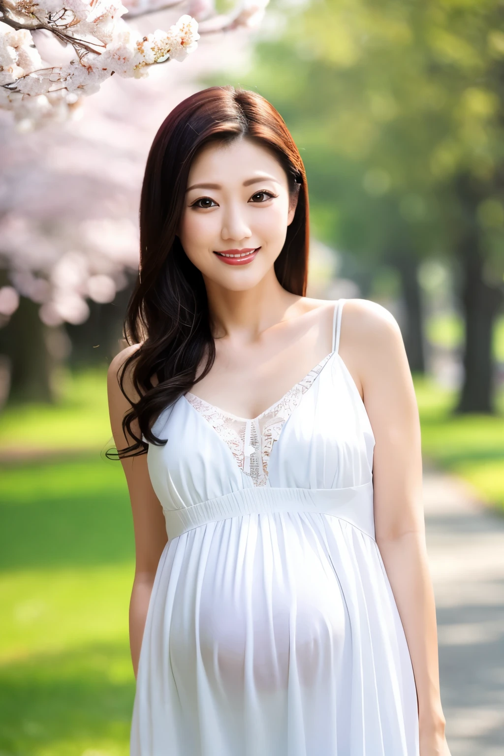 (Highest quality、Tabletop、、Best image quality、Award-winning works)、Pregnant women、Elegant and beautiful maternity clothes、Elegant beautiful hairstyle、Blurred random beautiful background、Accurate anatomy、The biggest smile looking at me、Smiling with beautiful teeth、Very bright、Bright and radiant skin