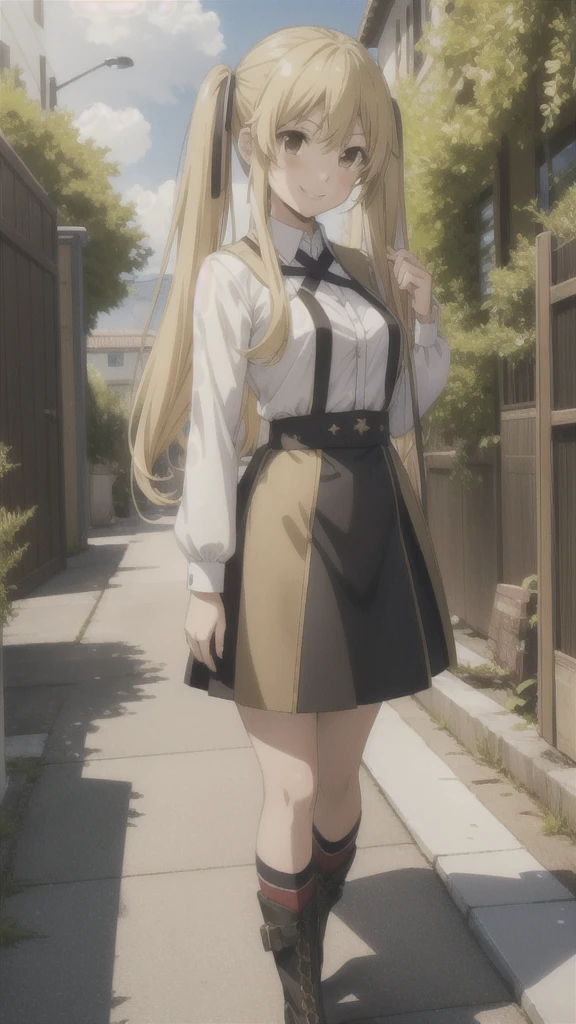 masterpiece, best quality, 1girl, solo, saotome mary, twintails, blonde hair, brown eyes, evil smile, full body, outdoors