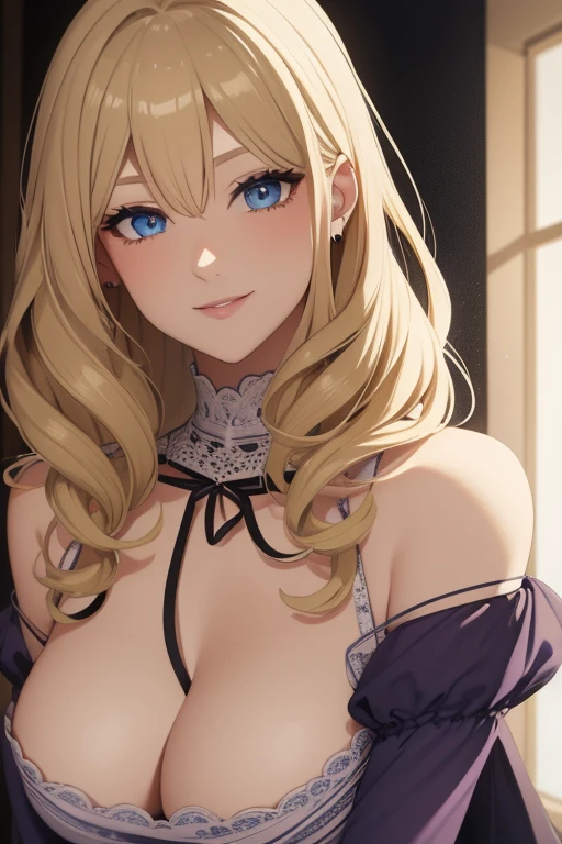 Woman with blond hair, blue eyes, smooth white skin, soft features, wears a dark purple dress, Smiles, very light blush, hair slightly curled