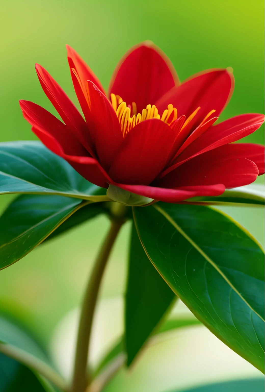A beautiful flower, red petals, green stem with green leaves, sunny  green  background, blurry background.