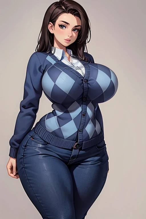 (best quality), (masterpiece), 1 girl, Early 20s, huge and heavy breasts, busty, huge breasts, Thick, Thick lips, wide hips, thin waist, argyle cardigan