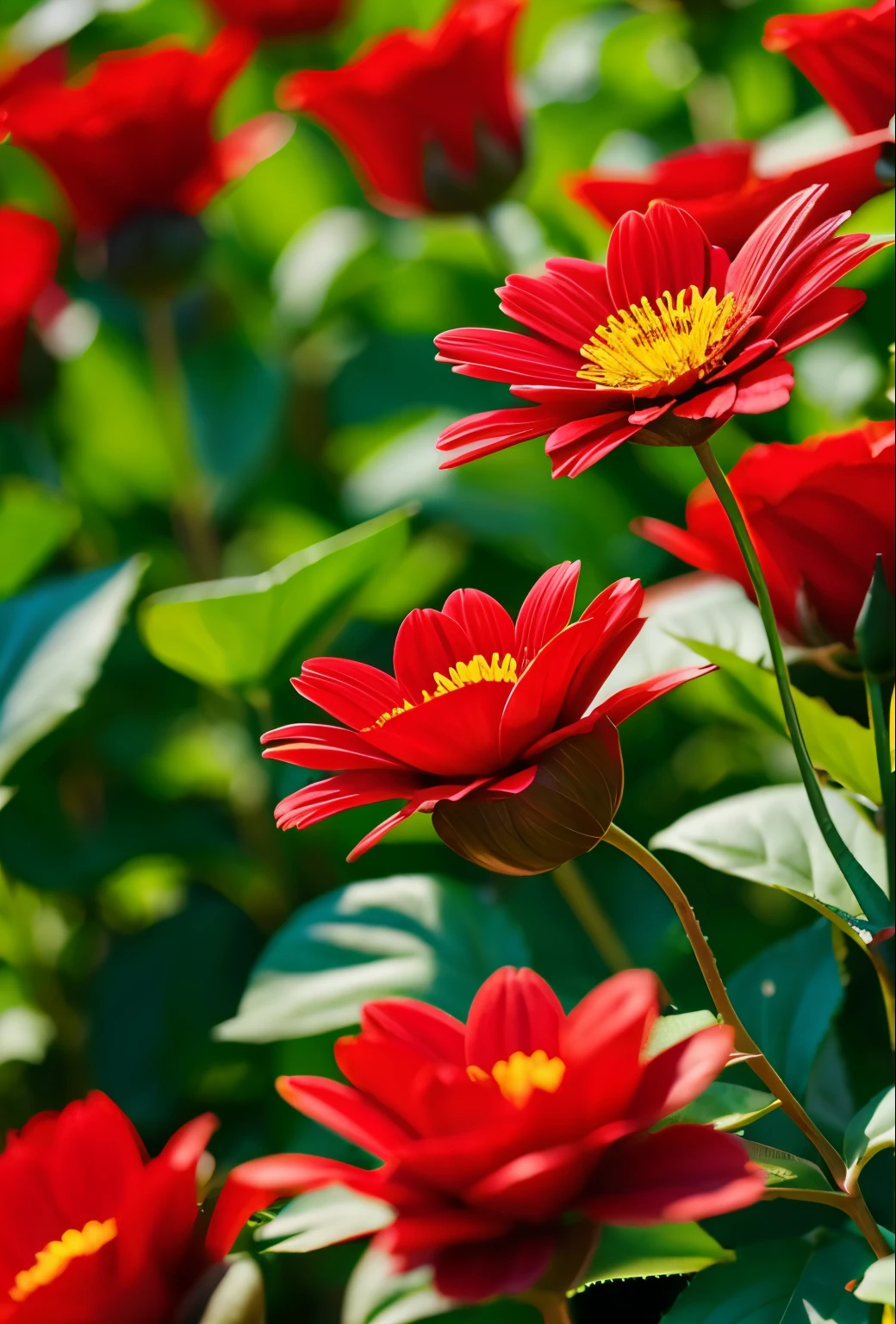 A beautiful flower, red petals, green stem with green leaves, sunny green background, blurry background.