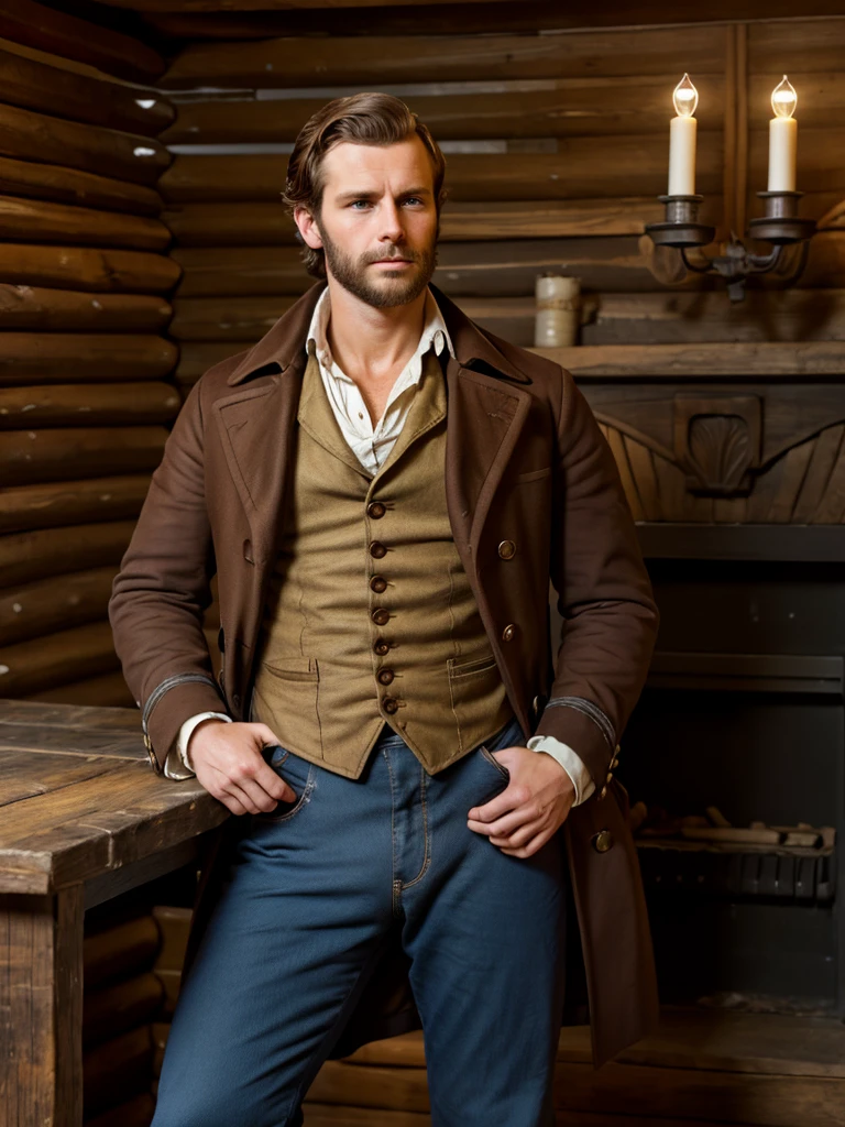 (highly detailed, soft light, photorealistic, dynamic light; cinematic); victorian-era; 1820s; 30 year old man; English; 1820s outdoorsman; strikingly handsome; high cheekbones; broad manly muscular jaw and chin; square face-shape; strong well-shaped nose; strapping; tough confident expression; masculine face with several scars; charismatic; grizzled; intense desirous expression; manly passionate air; very attractive; burly broad figure; ruddy weathered skin; unkempt stubble; natural light-blue eyes; thick strong chestnut-brown eyebrows; carefully-shaped 1820s sideburns; 1820s thick brown coat, open; 1820's union shirt, ripped open and showing chest; 1820s suspenders connected to pants; broad muscular strong very hairy chest; short styled chestnut-brown hair in 1820's hairstyle; full firm masculine lips; standing in an 1820s intimate cosy log cabin at night-time with 1820s oil lamp in the background; looking at camera