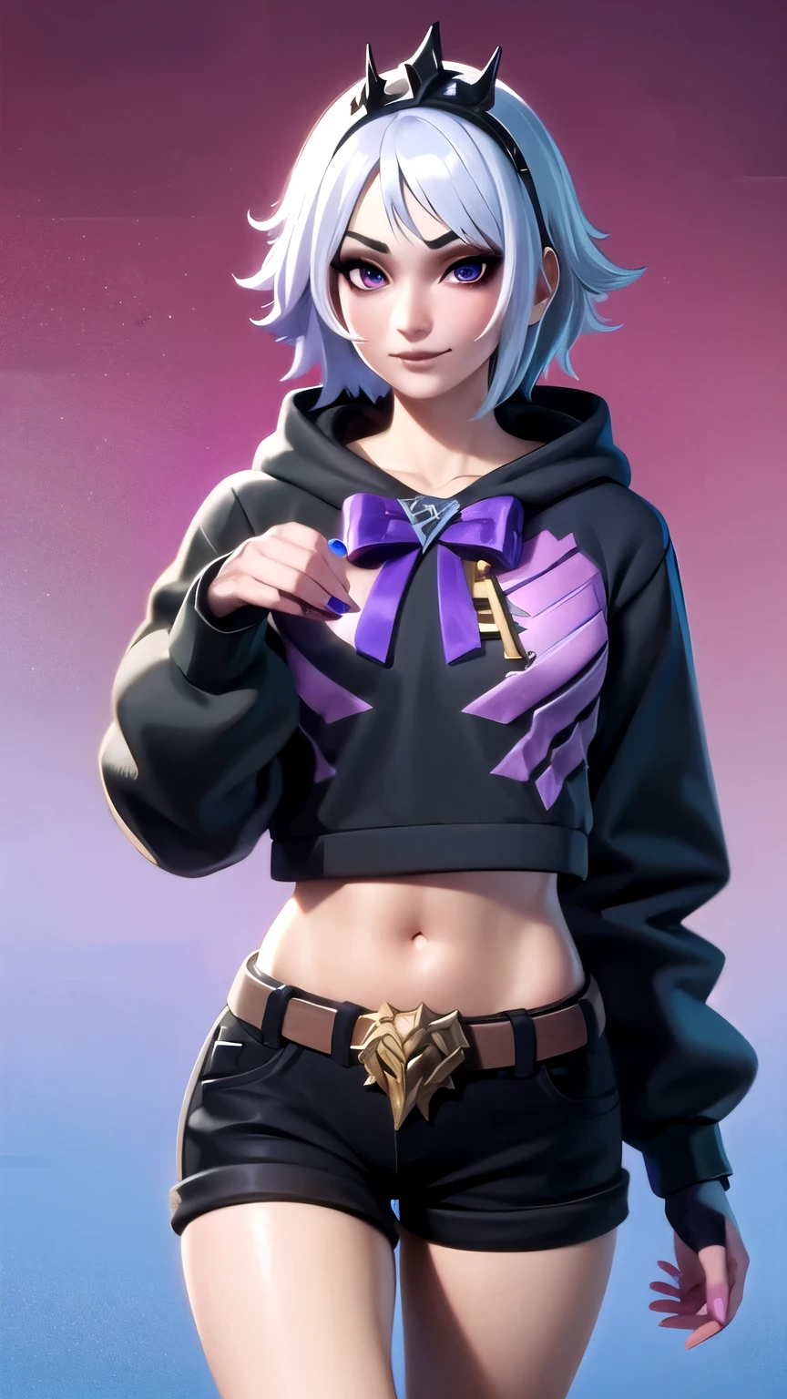 City background, 1girl, solo, black tiara, black crown, white hair, short hair, messy hair, purple eyes, eyeshadow, black hoodie, black sweater, midriff, navel, hoodie down, black shorts, belt bow tie, purple belt bow tie, one glove, purple nails, keys, sexy pose, PersephoneFN, fortnite character, matel rib cage sweater,