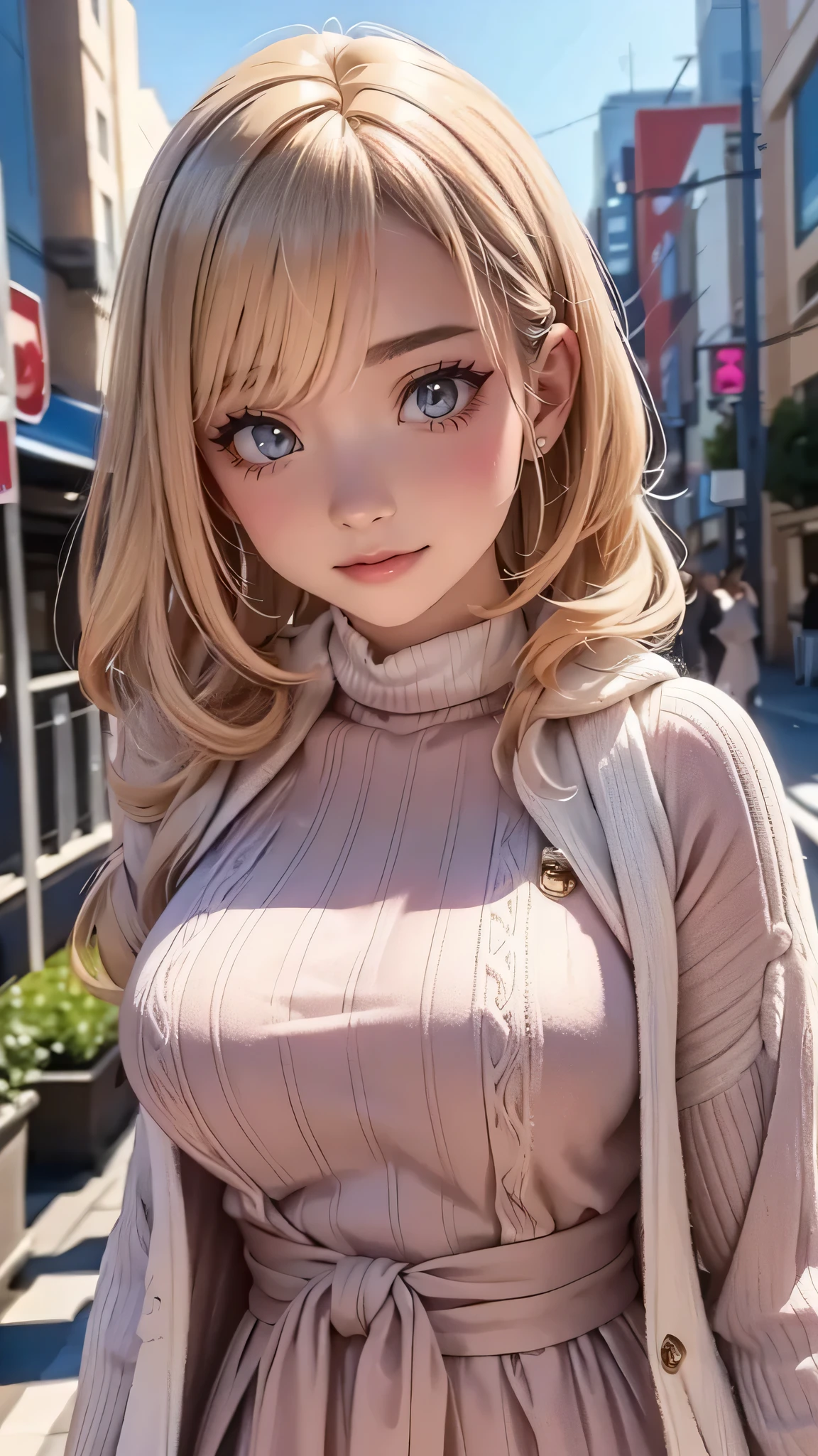 layered bob hairstyle, (Blonde with pink inner color), She has beautiful sparkling purple eye color, ​masterpiece, Best Quality,(Photorealistic: 1.4),Ultra High Resolution, unity 8k, (Beautiful detailed eyes:1.6),Symmetrical, extra detailed face, Perfect Lighting, (Perfect hands, Perfect Anatomy), (Background in the city:1.3), ((Maxi knit dress and gown coat:1.3))