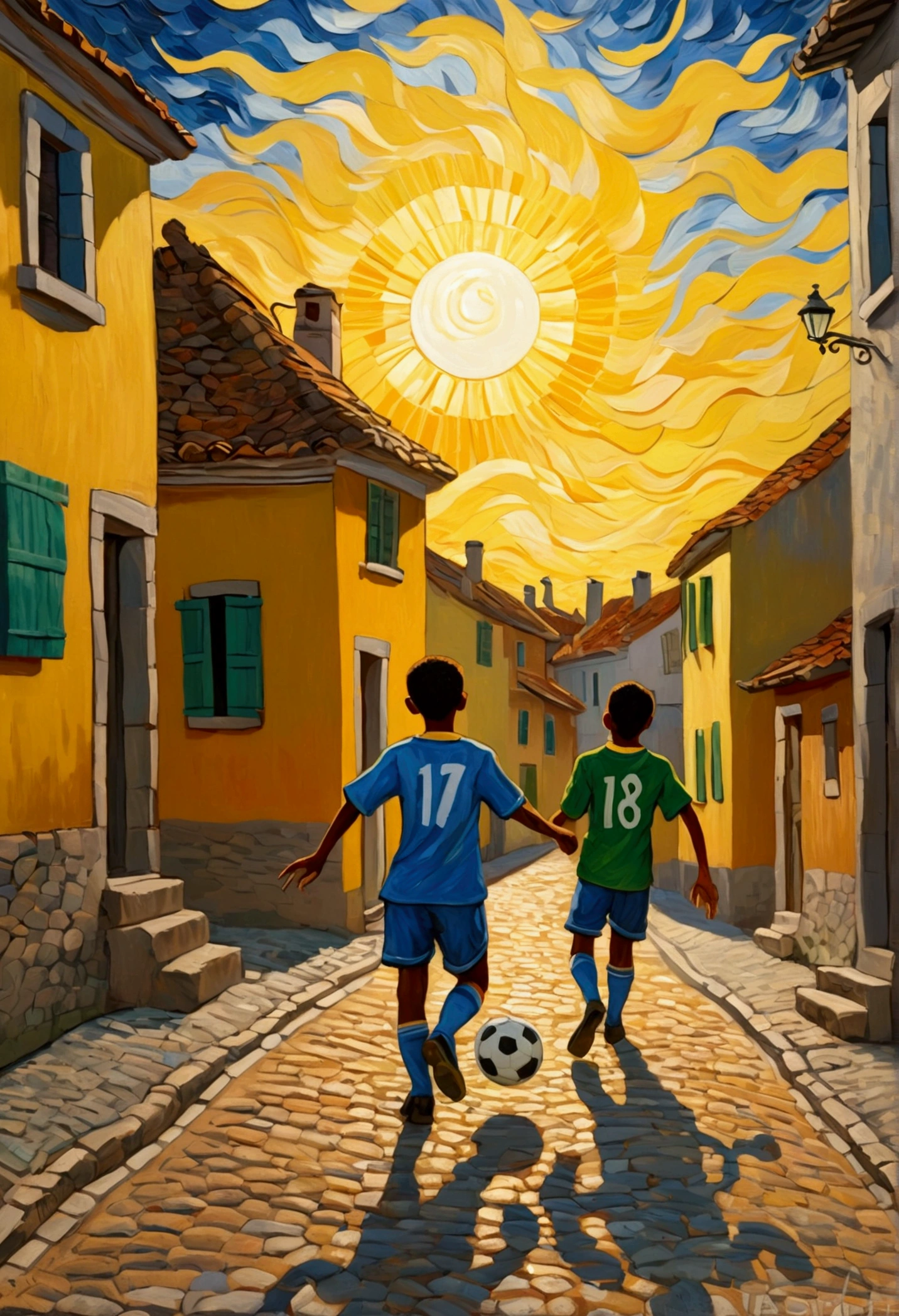 painting of Brazilian boys playing soccer on a cobblestone street in a village with the sun in the background, in Van Gogh style, van gogh art style, Van Gogh style, vincent Van Gogh style, inspired by Vincent Van Gogh, inspired by Vincent Pepi, inspired by Van Gogh, Van Gogh style, vincent van gogh style, inspired by Vincent Di Fate, by Van Gogh