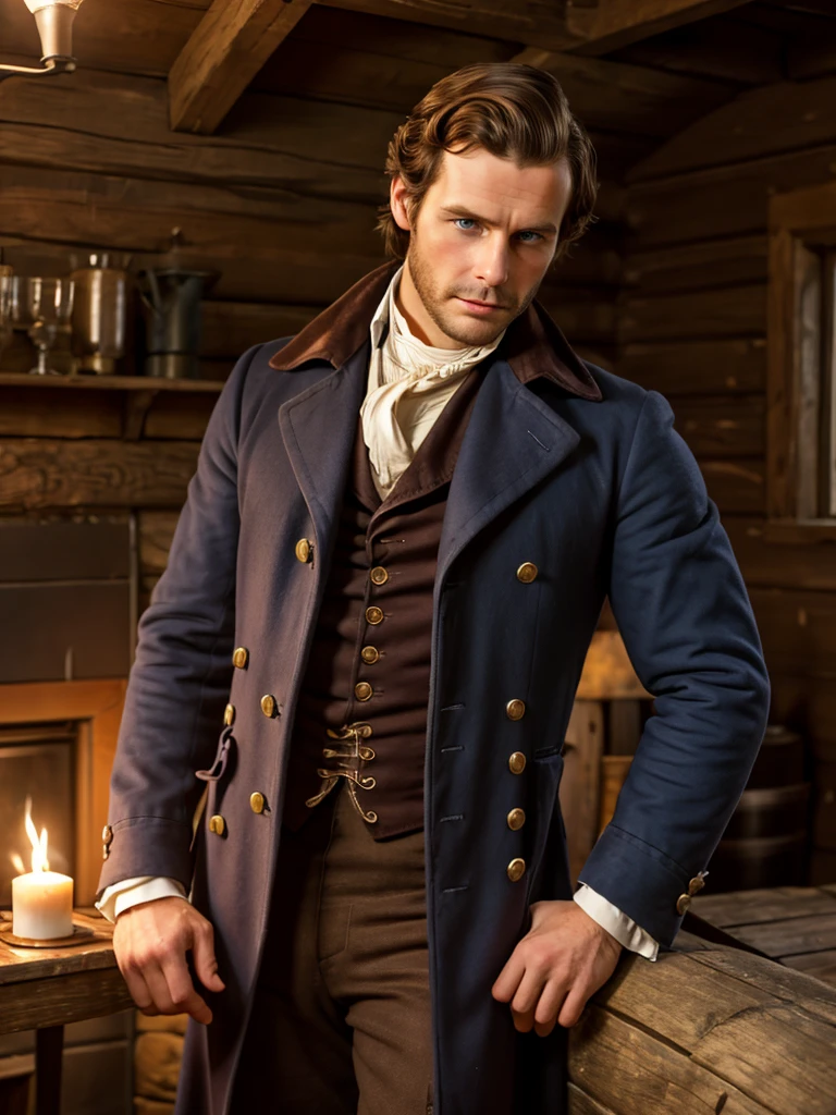 (highly detailed, soft light, photorealistic, dynamic light; cinematic; close up); victorian era; 1820s; 30 years old man; English; 1820s gentleman; strikingly handsome; high cheekbones; broad jaw and chin; strapping; tough confident expression; masculine face with several scars; charismatic; grizzled; intense desirous expression; manly passionate air; very attractive; burly broad figure; ruddy weathered skin; unkempt beard; natural light-blue eyes; thick strong chestnut-brown eyebrows; carefully-shaped 1820s sideburns; 1820s thick brown coat, open; 1820's workers shirt, open and showing chest; 1820s suspenders connected to pants; broad very hairy chest showing; short styled chestnut-brown hair in 1820's hairstyle; full firm masculine lips, mouth open; standing in an 1820s intimate cosy log cabin at night-time with 1820s oil lamp in the background; looking at camera