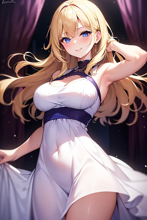 Woman with blond hair, blue eyes, smooth white skin, soft features, wears a dark purple dress, Smiles, very light blush, hair slightly curled
