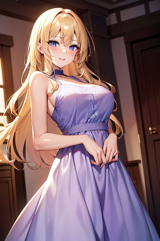 Woman with blond hair, blue eyes, smooth white skin, soft features, wears a dark purple dress, Smiles, very light blush, hair slightly curled