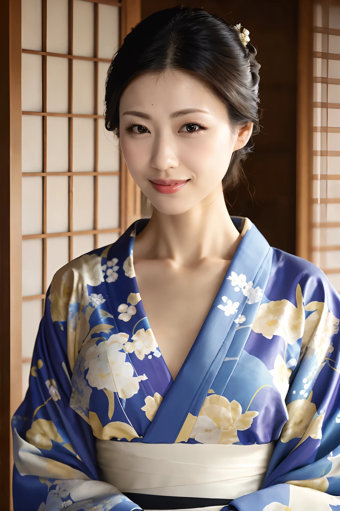 (Highest quality、Tabletop、8k、Best image quality、Award-winning works)、(One beautiful mature woman:1.1)、(Wrinkled aged face:1.1)、Adult face、(Innkeeper:1.1)、(Elegant floral kimono:1.2)、(V-neck collar:1.1)、(Cleavageが露わになる:1.2)、(Kimono that exposes the chest:1.3)、(Cleavage:1.5)、(Open chest:1.3)、(Large Breasts:1.4)、(Large Breastsの谷間を露出する:1.5)、Perfect mature woman portrait photo、Standing Elegantly、(Blurred elegant and exquisite perfect Japanese style room background:1.3)、(The most natural and perfect tidy Japanese style room background:1.2)、Radiant Skin、Perfect beautiful skin、(Accentuate your body lines:1.1)、(The most graceful posture:1.2)、Perfect beautiful glossy lips、(Accurate anatomy:1.1)、(A perfect and elegant outfit:1.1)、(Standing with good posture:1.1)、(Face close-up:1.1)、(Front facing body:1.2)、Sad expression、Beautiful kimono in random colors、Chignon