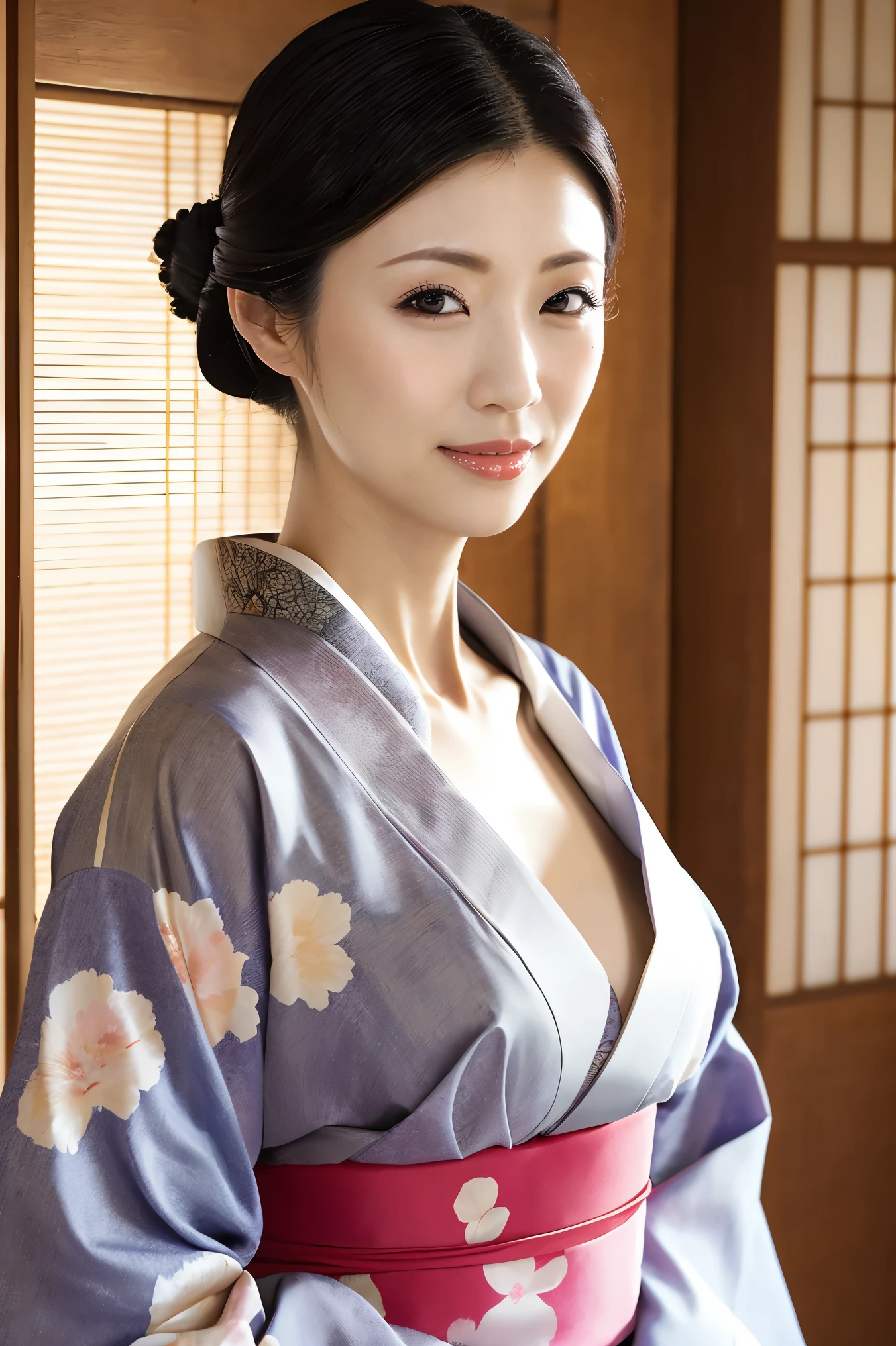 (Highest quality、Tabletop、8k、Best image quality、Award-winning works)、(One beautiful mature woman:1.1)、Adult face、(Innkeeper:1.1)、(Elegant floral kimono:1.2)、(V-neck collar:1.1)、(Cleavageが露わになる:1.2)、(Kimono that exposes the chest:1.3)、(Cleavage:1.5)、(Open chest:1.3)、(Large Breasts:1.4)、(Large Breastsの谷間を露出する:1.5)、Perfect mature woman portrait photo、Standing Elegantly、(Blurred elegant and exquisite perfect Japanese style room background:1.3)、(The most natural and perfect tidy Japanese style room background:1.2)、Radiant Skin、Perfect beautiful skin、(Accentuate your body lines:1.1)、(The most graceful posture:1.2)、Perfect beautiful glossy lips、(Accurate anatomy:1.1)、(A perfect and elegant outfit:1.1)、(Standing with good posture:1.1)、(Face close-up:1.1)、(Front facing body:1.2)、Sad expression、Beautiful kimono in random colors