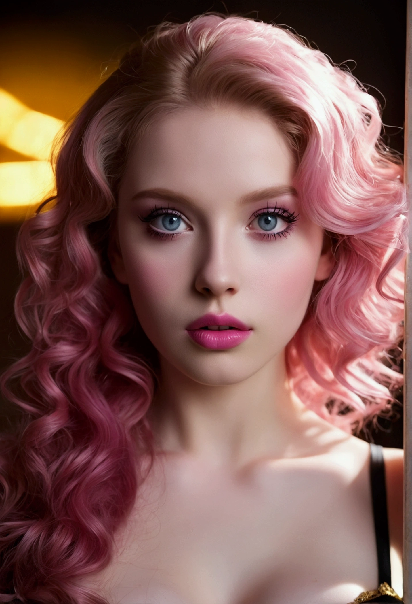 (((ultra realistic))) Photo, masterpiece, top quality, (pale skin), (Ultra detailed face and eyes:1.3), 1 girl, Adult, In Lifchik, ((Eye makeup, pink mascara)), ((large detailed lips)), ((pink wavy hair)), ((Stylish hairstyle)) , (Natural breasts), Slim waist. ((Posing, Hand on face)), photoshoot, Studio soft lighting, (The play of light and shadows), depth of field, bokeh, (special attention to skin detail: 1.2), Detailed leather texture, skin pores. (Warm atmosphere of the frame. color scheme - black, Yellow, Tons), ((Grunge style)) , UDR, ((Film grain)), ((rays)), (Glare), ((waist up portrait, close to the camera)) , ultra detialed, 