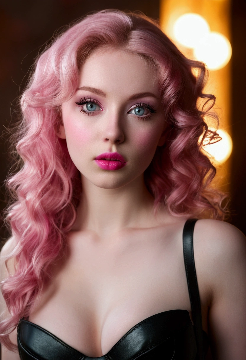 (((ultra realistic))) Photo, masterpiece, top quality, (pale skin), (Ultra detailed face and eyes:1.3), 1 girl, Adult, In Lifchik, ((Eye makeup, pink mascara)), ((large detailed lips)), ((pink wavy hair)), ((Stylish hairstyle)) , (Natural ), Slim waist. ((Posing, Hand on face)), photoshoot, Studio soft lighting, (The play of light and shadows), depth of field, bokeh, (special attention to skin detail: 1.2), Detailed leather texture, skin pores. (Warm atmosphere of the frame. color scheme - black, Yellow, Tons), ((Grunge style)) , UDR, ((Film grain)), ((rays)), (Glare), ((waist up portrait, close to the camera)) , ultra detialed,