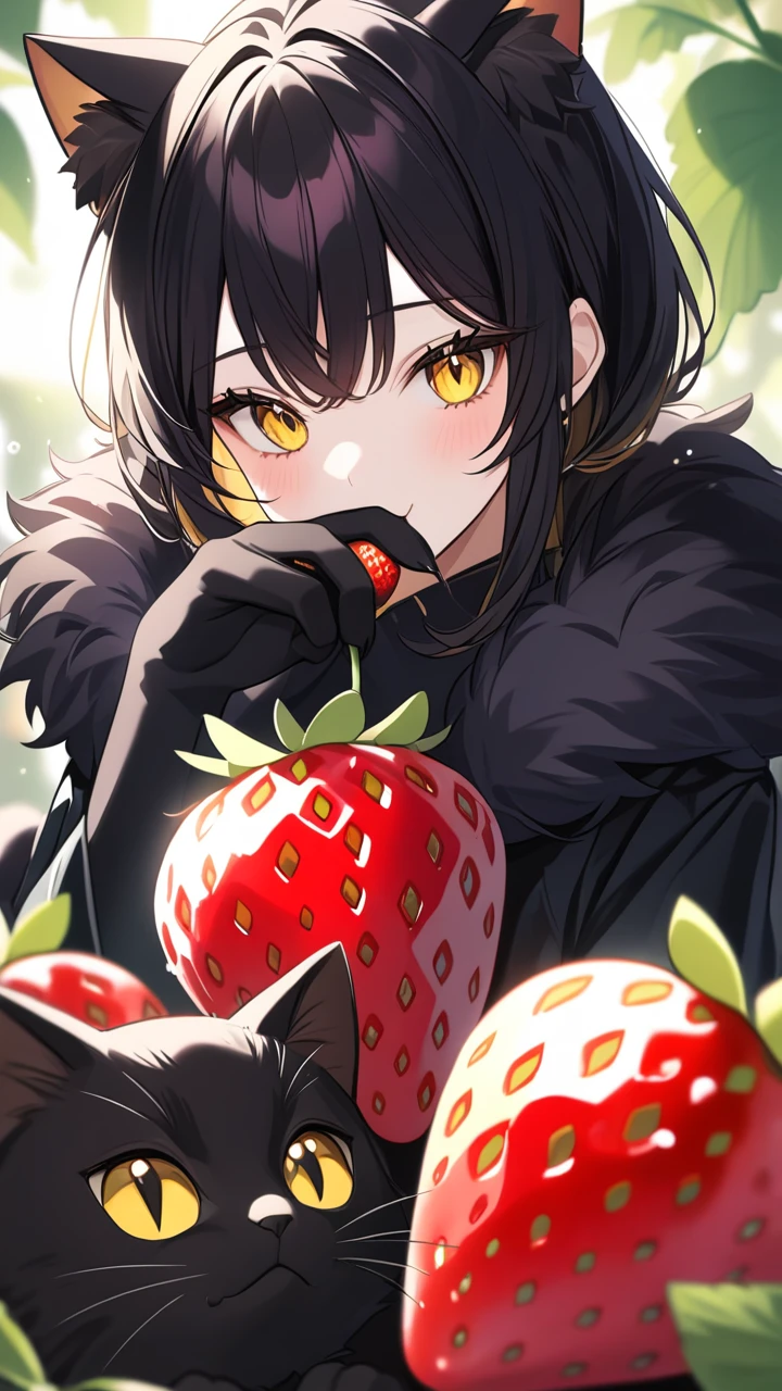 Black cat, fluffy fur, cat eyes, yellow eyes, eating strawberry