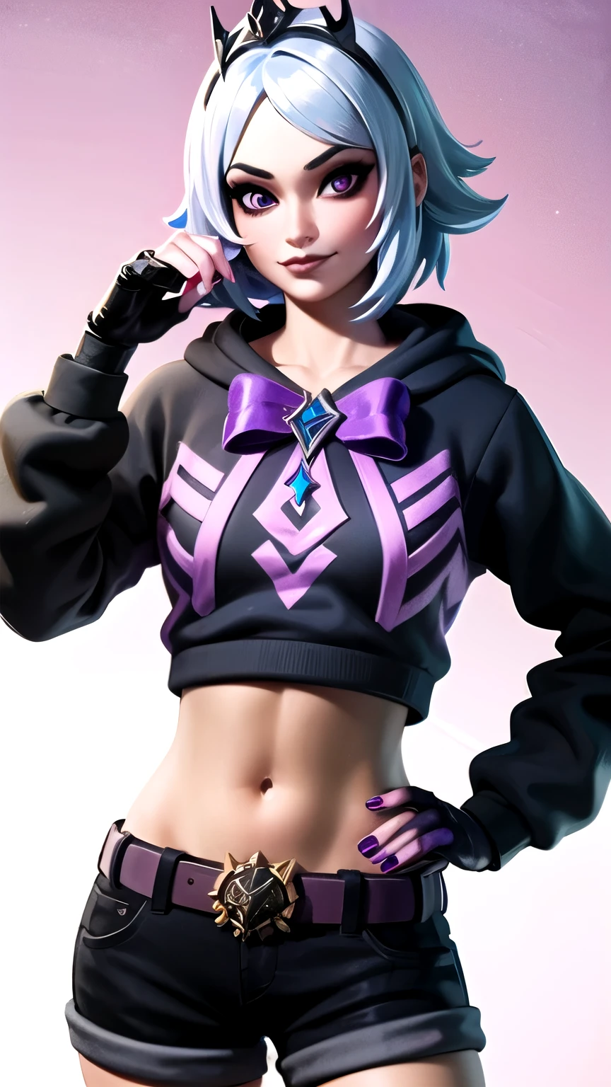 City background, 1girl, solo, black tiara, black crown, white hair, short hair, messy hair, purple eyes, eyeshadow, black hoodie, black sweater, midriff, navel, hoodie down, black shorts, belt bow tie, purple belt bow tie, one glove, purple nails, keys, sexy pose, PersephoneFN, fortnite character, matel rib cage sweater,