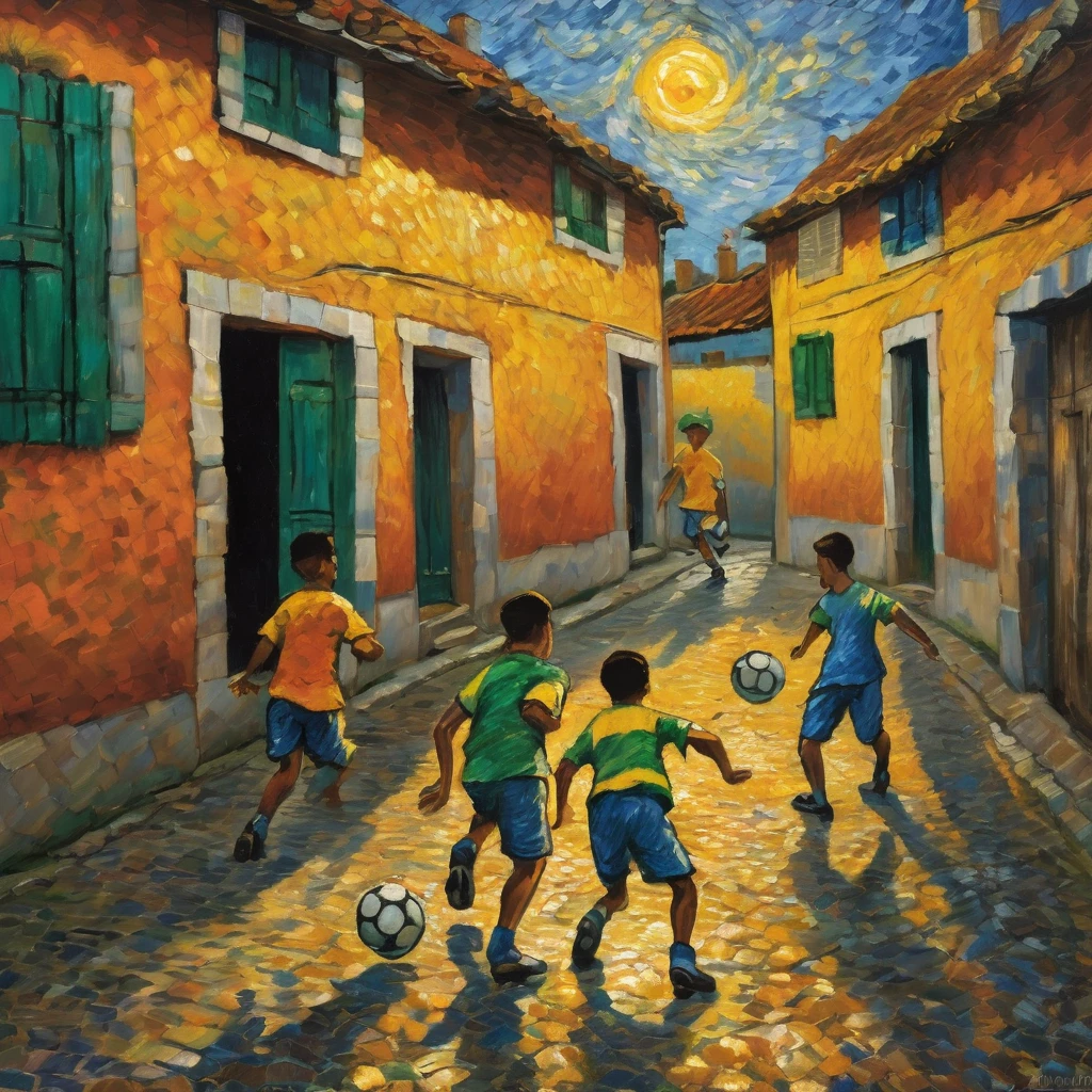 painting of Brazilian boys playing soccer on a cobblestone street in a village with the sun in the background, in Van Gogh style, van gogh art style, Van Gogh style, vincent Van Gogh style, inspired by Vincent Van Gogh, inspired by Vincent Pepi, inspired by Van Gogh, Van Gogh style, vincent van gogh style, inspired by Vincent Di Fate, by Van Gogh