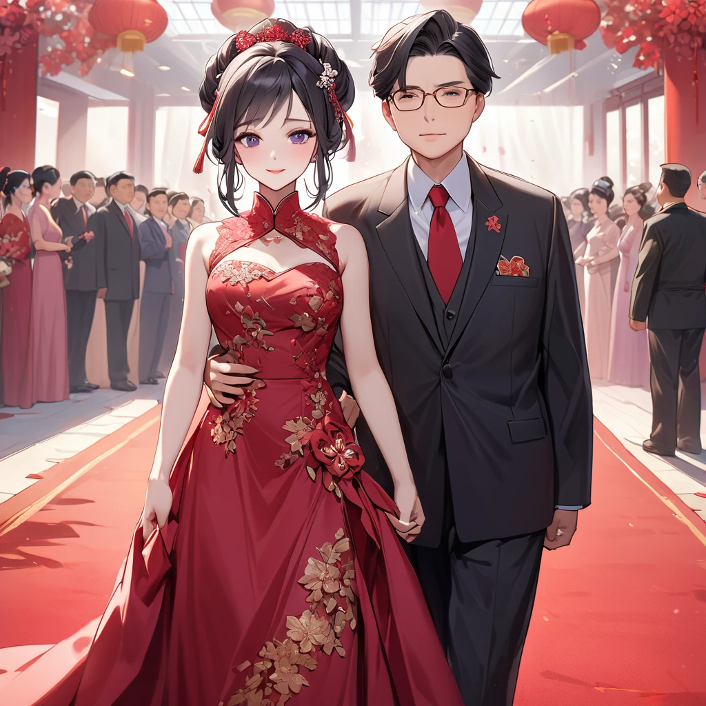 ((Highest quality)), ((masterpiece)), (detailed), (Perfect Face)、The woman is a Chinese woman named Kocho Shinobu.。, Purple gradient bob black hair and formal evening hairstyles. She is wearing an engagement ring. She is a prominent member of the Chinese Communist Party.、She is the wife of a great old Communist Party official.、The woman is beautifully dressed in a gorgeous red wedding dress typical of the Chinese Communist Party, and she loves her husband dearly and is happy to be his wife.、Red carpet wedding venue