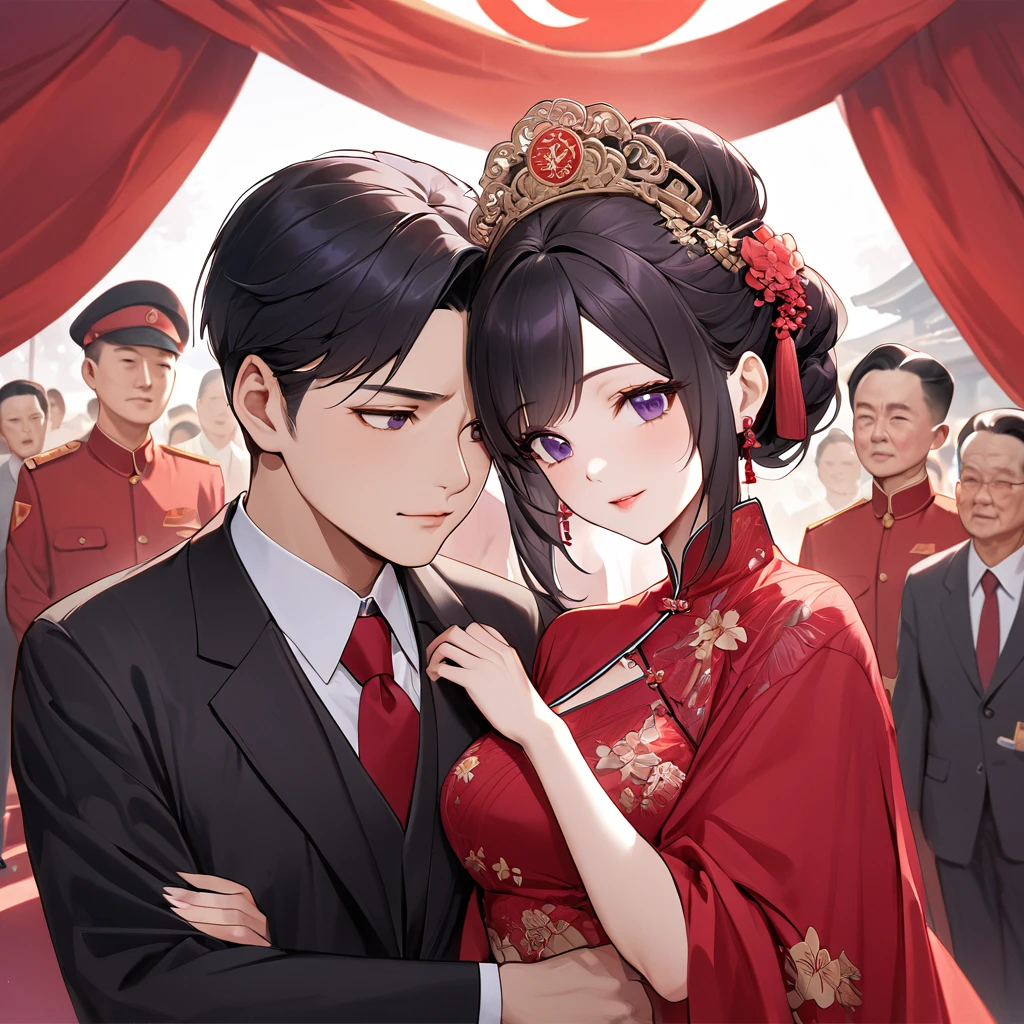 ((Highest quality)), ((masterpiece)), (detailed), （Perfect Face）、The woman is a Chinese woman named Kocho Shinobu.。, Purple gradient bob black hair and formal evening hairstyles. She is wearing an engagement ring. She is a prominent member of the Chinese Communist Party.、She is the wife of a great old Communist Party official.、The woman is wearing a gorgeous red wedding dress that is typical of the Chinese Communist Party.、She walked side by side with a dignified elderly Communist Party official down the red carpet aisle in a loving wedding ceremony.。A loving Chinese Communist couple