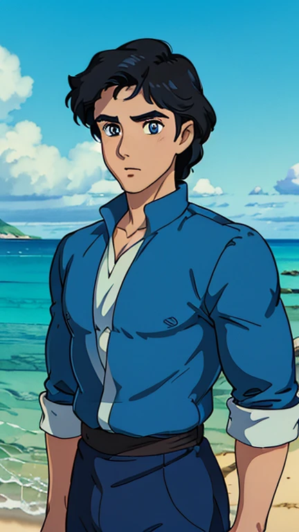 (a man as prince_eric), (extremely detailed CG unit 8k wallpaper),(master part), (best quality), (ultra detail), (best illustration),(ghibli style), cowboy shot,(Sharp eyeliner, ombre, detailed eyes:1), beach , outdoors GHIBLI_Background,break,upper body