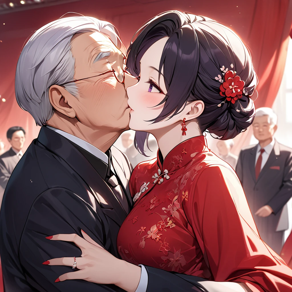 ((Highest quality)), ((masterpiece)), (detailed), （Perfect Face）、The woman is a Chinese woman named Kocho Shinobu.。, Purple gradient bob black hair and formal evening hairstyles. She is wearing an engagement ring. She is a prominent member of the Chinese Communist Party.、She is the wife of a great old Communist Party official.、The woman is wearing a gorgeous red wedding dress that is typical of the Chinese Communist Party.、She is seen in a passionate wedding ceremony with a dignified elderly Communist Party official, embracing him passionately and kissing him in a deep vow.。A loving Chinese Communist couple