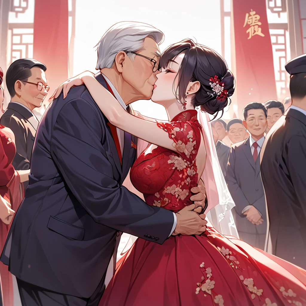((Highest quality)), ((masterpiece)), (detailed), (Perfect Face)、The woman is a Chinese woman named Kocho Shinobu.。, Purple gradient bob black hair and formal evening hairstyles. She is wearing an engagement ring. She is a prominent member of the Chinese Communist Party.、She is the wife of a great old Communist Party official.、The woman is wearing a gorgeous red wedding dress that is typical of the Chinese Communist Party.、She is seen in a passionate wedding ceremony with a dignified elderly Communist Party official, embracing him passionately and kissing him in a deep vow.。A loving Chinese Communist couple