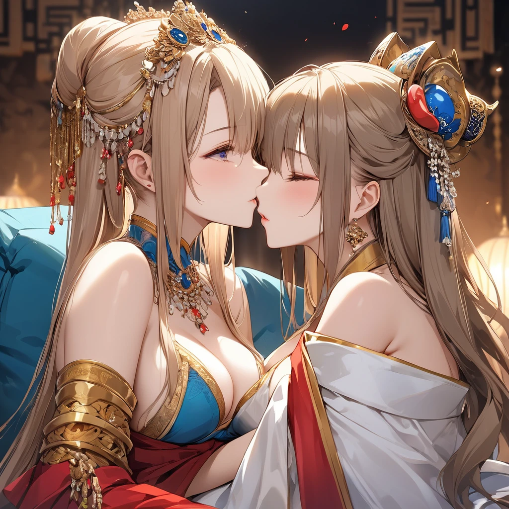 ((Highest quality)), ((masterpiece)), (detailed), (Perfect Face)、The woman is a concubine and sixth wife, Yuuki Asuna, with light brown, medium-long hair. She is a concubine to a wealthy man and a member of his harem. She is beautifully dressed in a captivating harem outfit and is lavishly adorned with many accessories.、The woman is pampered by the other concubines and the wealthy man, and is loved by him.、The woman and the man embrace and kiss, and then the man's penis enters the woman's vagina and ejaculates a large amount, making love to each other.