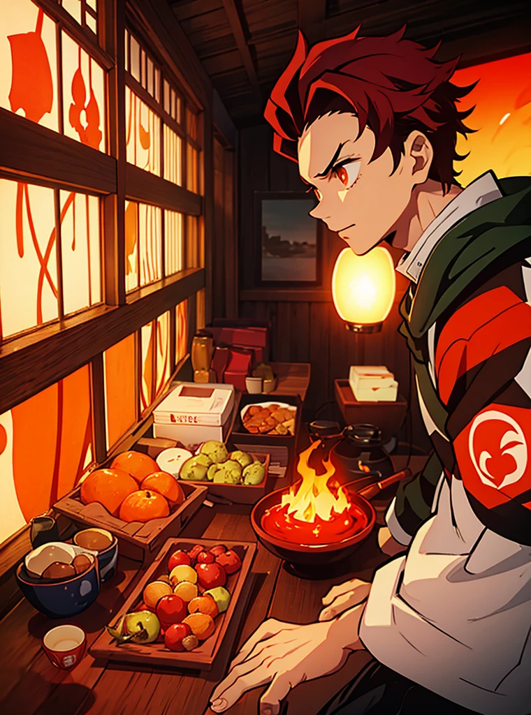 A boy with fiery red hair, olive skin and bright orange eyes