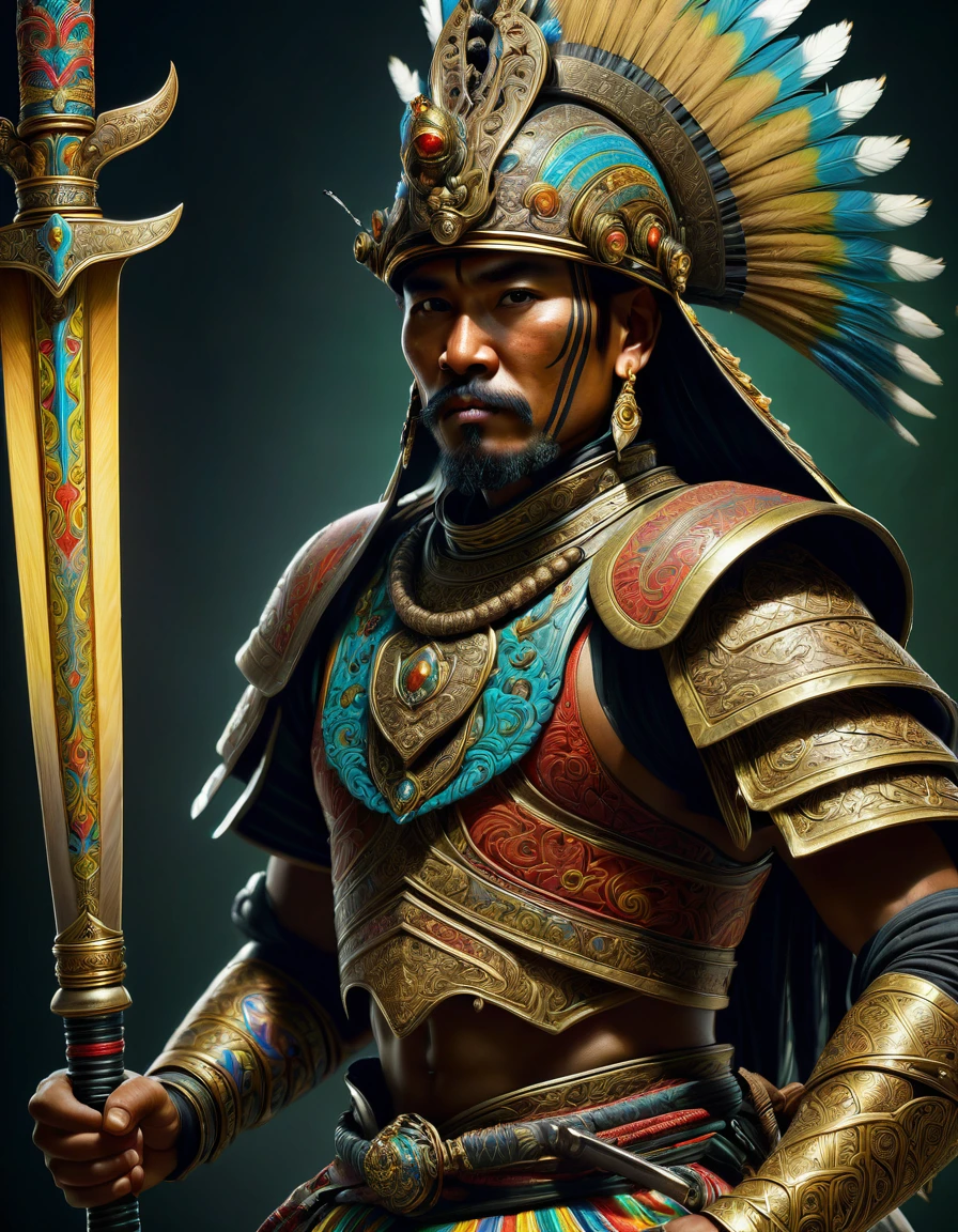 A cinematic photorealistic color digital painting of exotic indigenous swordman from Java Island circa year 1600's, insanely detailed and intricate, sharp and clear, volumetric lighting, ultra-high resolution, masterpiece hyper realistic artwork of Franz Junghuhn, insanely detailed and intricate, centered, cinematic aesthetic lighting art by Greg Rutkowski trending on Artstation.